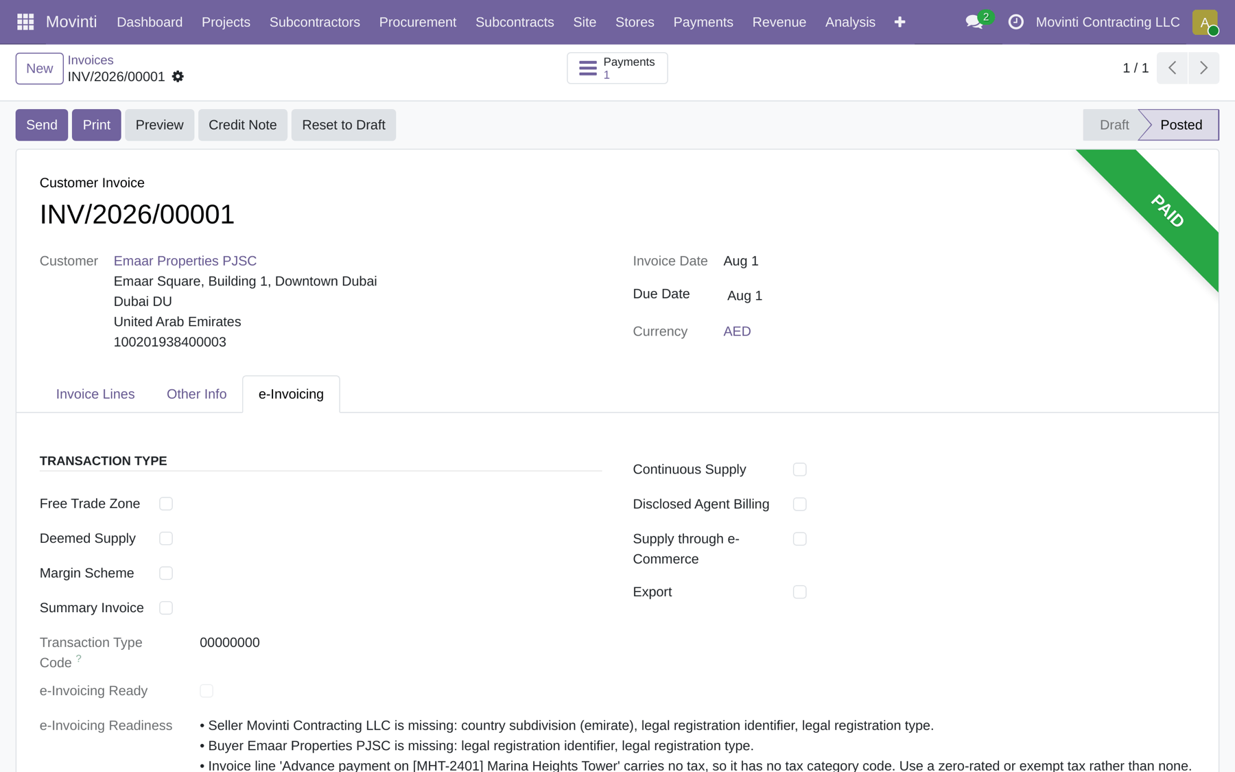 The e-invoicing readiness screen validating mandatory fields before a document is posted.
