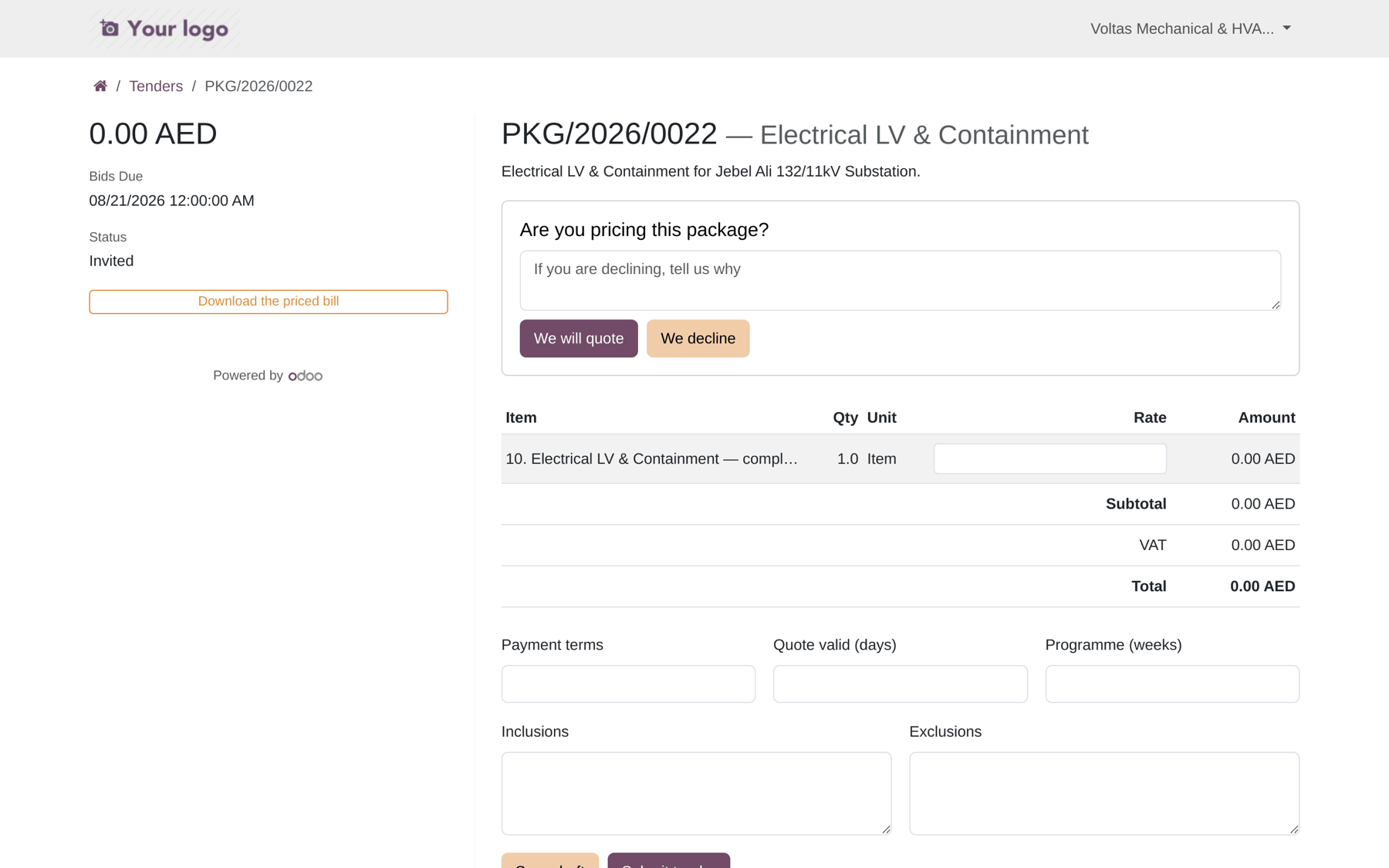 A subcontractor pricing the bill of quantities in the vendor portal.